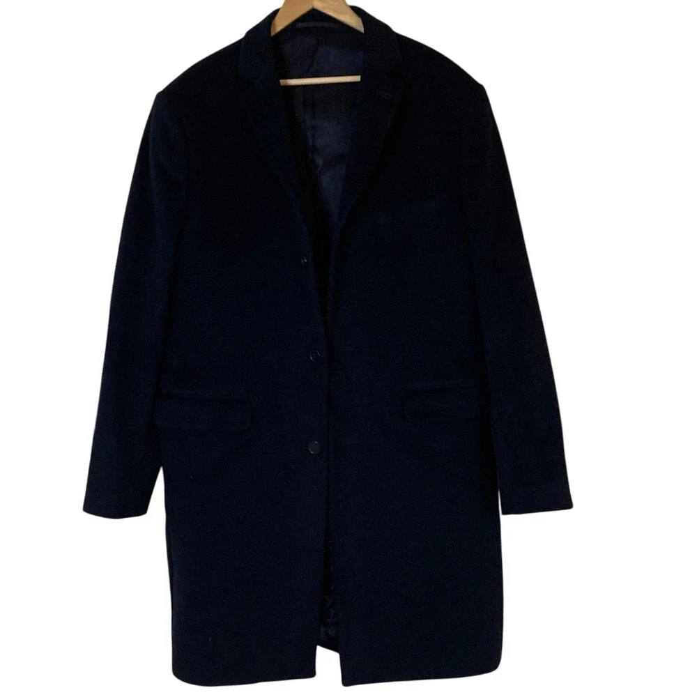 H&M Men's Wool Cashmere Classic Navy‎ Long Overcoat Size 46R Fully Lined